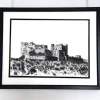 "framed Black and white pen drawing showing castle on sandewns"