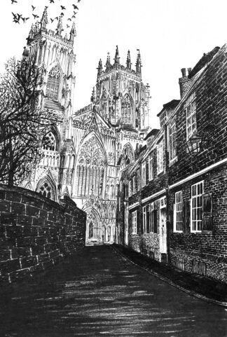 "Black and white drawing of old street with a minster rising strikling in the background at the end of the street"