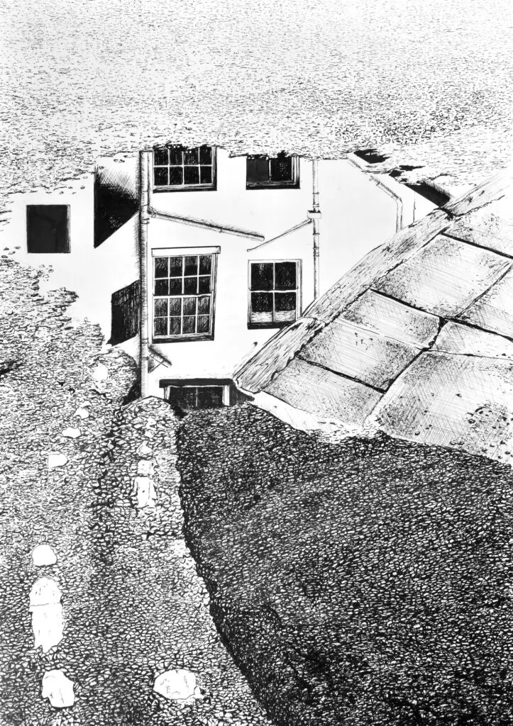 "Highly detailed grafiic black and white drawing depicting a puddle reflecting a building"