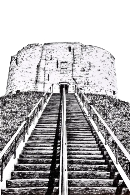 "dramatic pen drawing of the stairs going up to Clifford at the top"