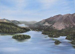 "Tranquil painting of Derwent water with its islands and mountains"