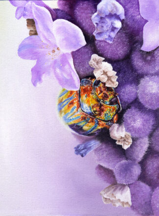 Painting of a rainbow-colored beetle resting on a lavender plant with purple flowers.
