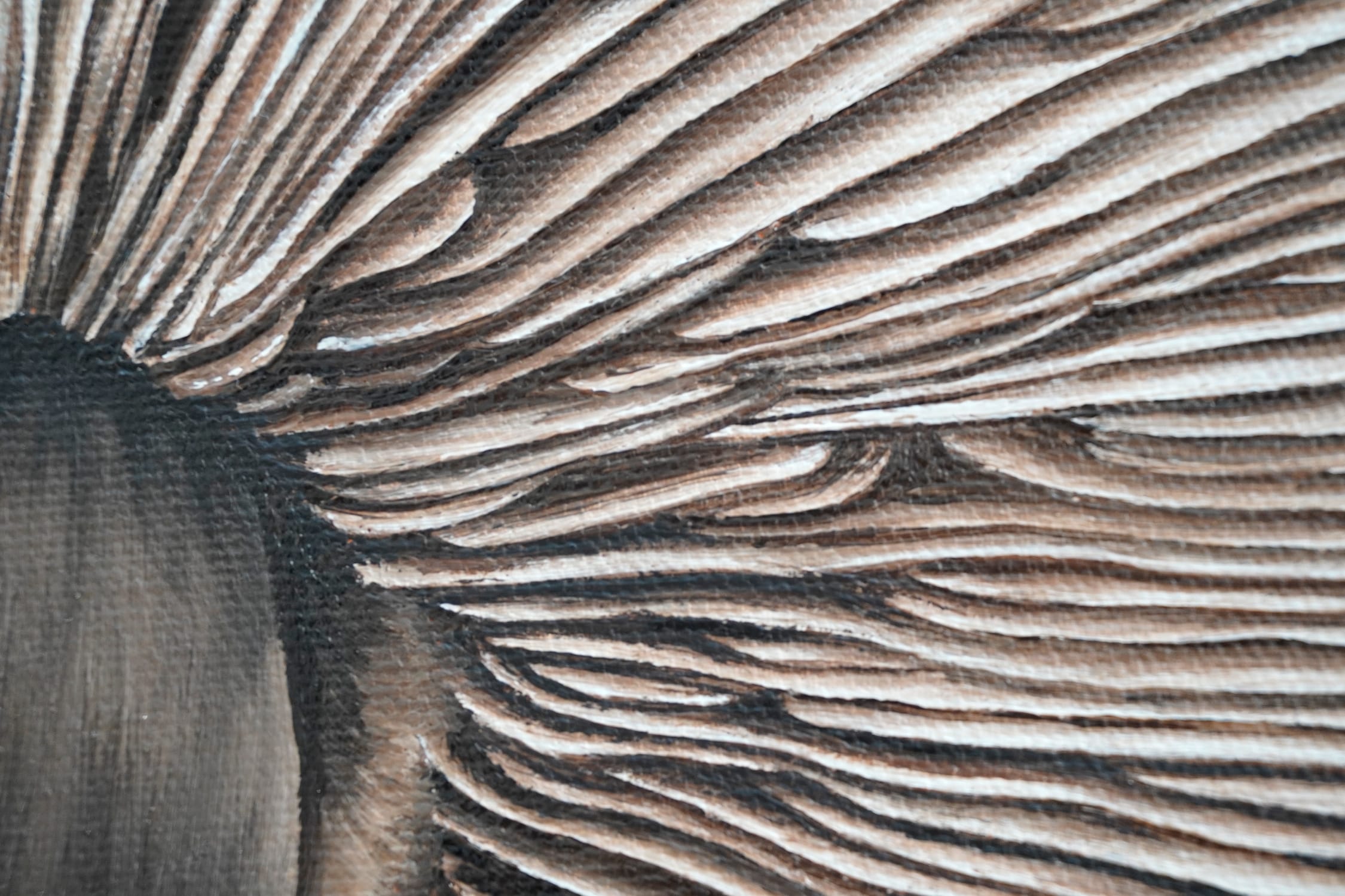 close up of A highly detailed hyperrealist oil painting of the underside of a mushroom, focusing on the intricate, closely packed gills beneath its cap.